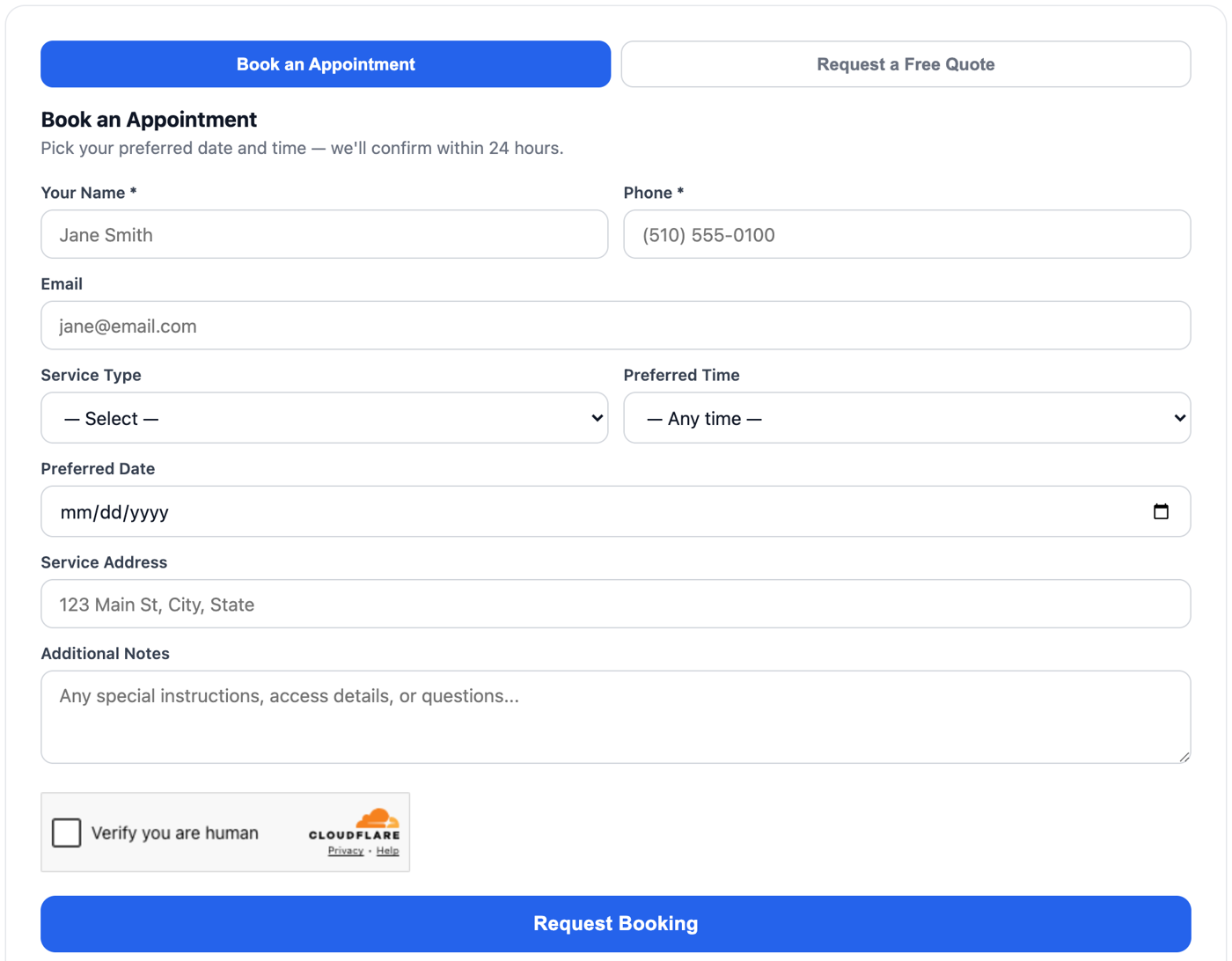 The customer-facing form as it renders on a business's own website — both modes, the account's own service list, and Cloudflare Turnstile verification.