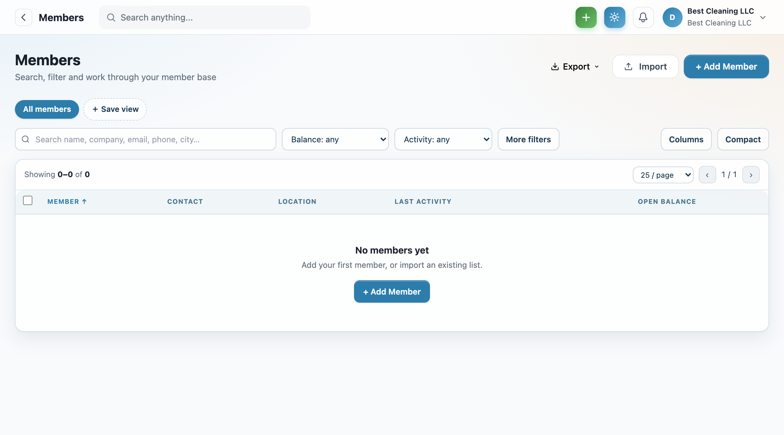 SUITE member list showing client records with contact details and history